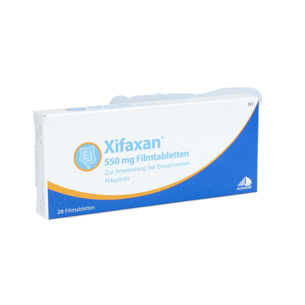 Das Produktfoto zeigt Xifaxan 550 Mg Filmtabletten (28 stk) PZN 02834212