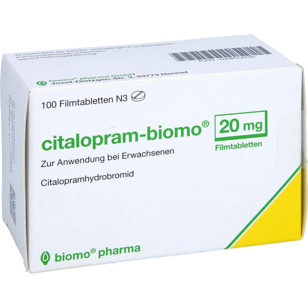 Das Produktfoto zeigt Citalopram-Biomo 20 Mg Filmtabletten (100 stk) PZN 02855036
