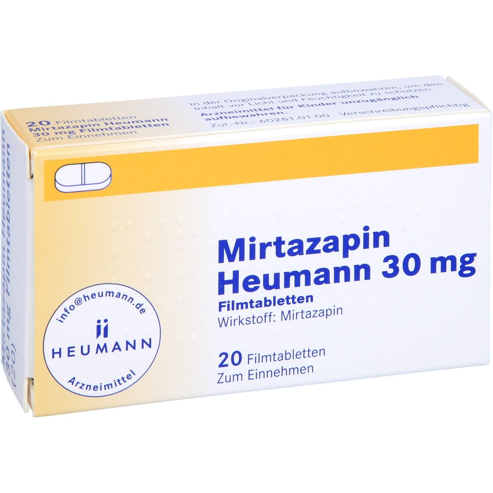 Das Produktfoto zeigt Mirtazapin Heumann 30 Mg Filmtabletten (20 stk) PZN 02892327