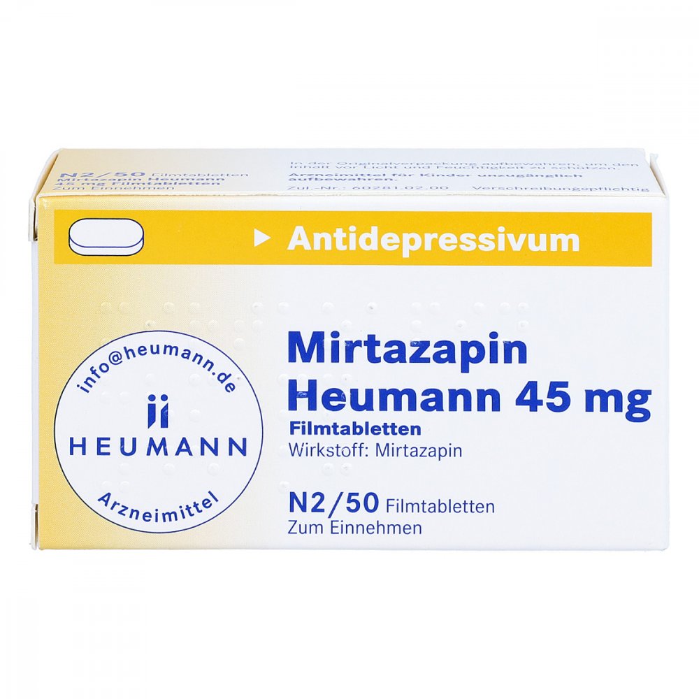 Das Produktfoto zeigt Mirtazapin Heumann 45 Mg Filmtabletten (50 stk) PZN 02892586