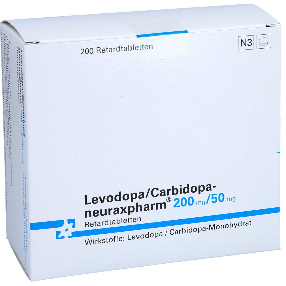 Das Produktfoto zeigt Levodopa/Carbidopa-Neuraxpharm 200/50 Mg Ret.-Tab. (200 stk) PZN 02918268