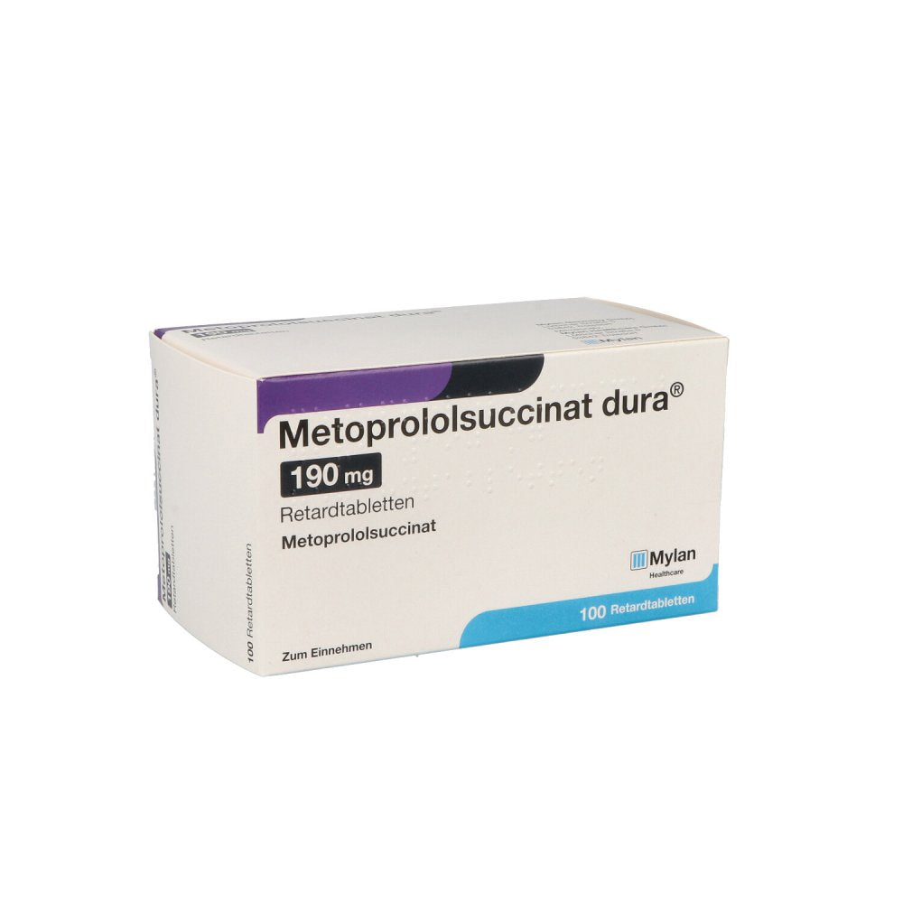 Das Produktfoto zeigt Metoprololsuccinat Dura 190mg Retardtabletten (100 stk) PZN 02953098