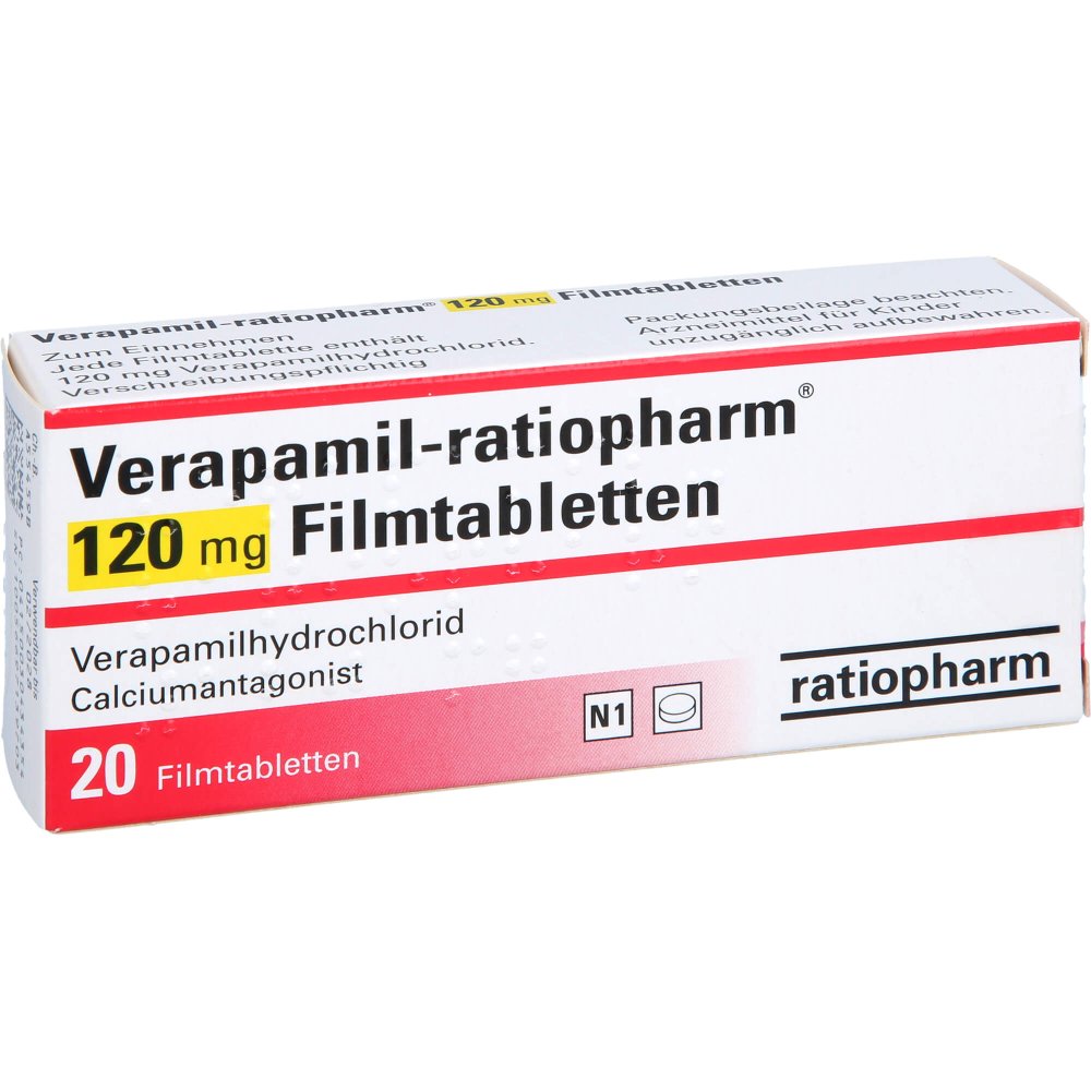 Das Produktfoto zeigt Verapamil-Ratiopharm 120 Mg Filmtabletten (20 stk) PZN 03043435