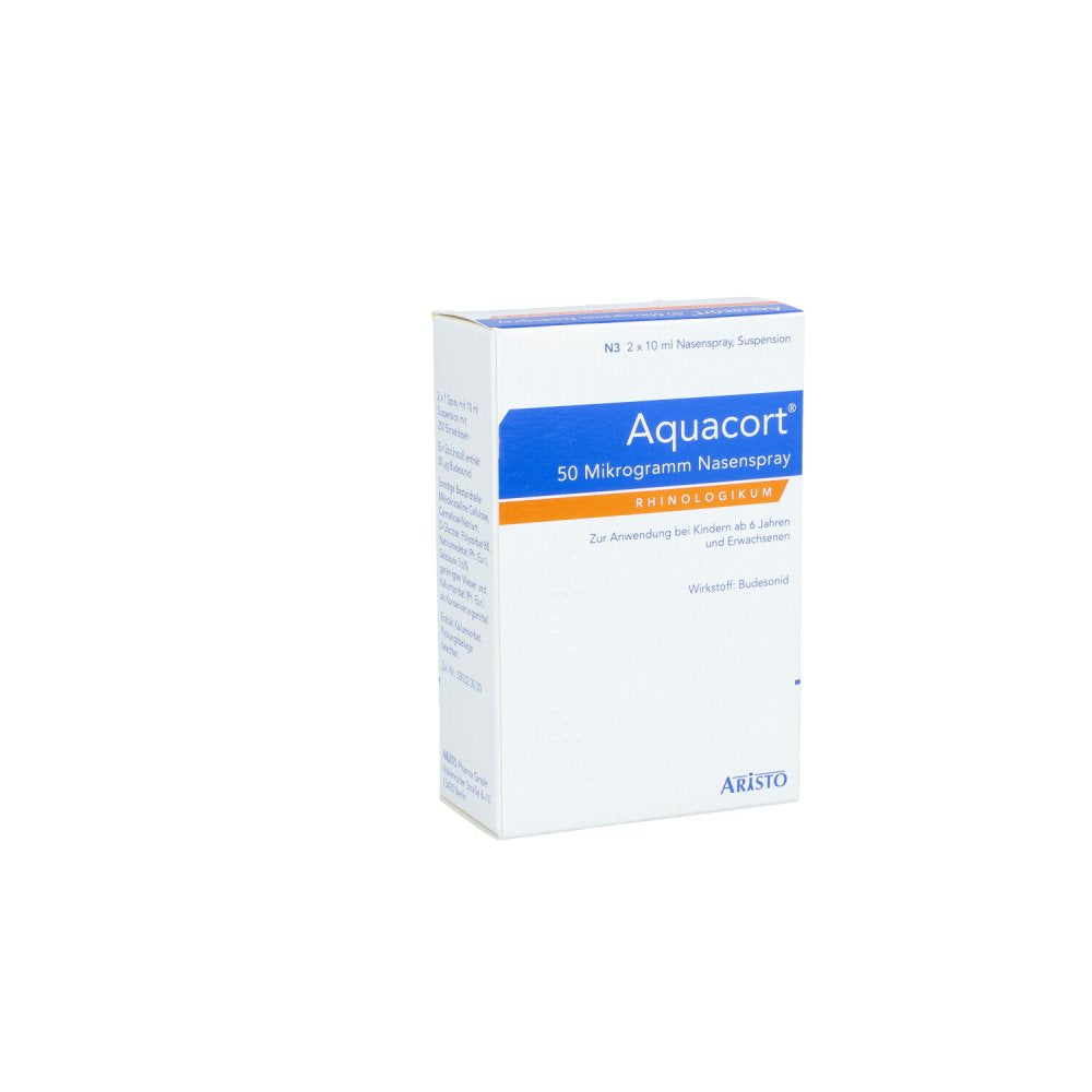 Das Produktfoto zeigt Aquacort 50 Mikrogramm Nasenspray 2x200 Ed (2X10 ml) PZN 03050949
