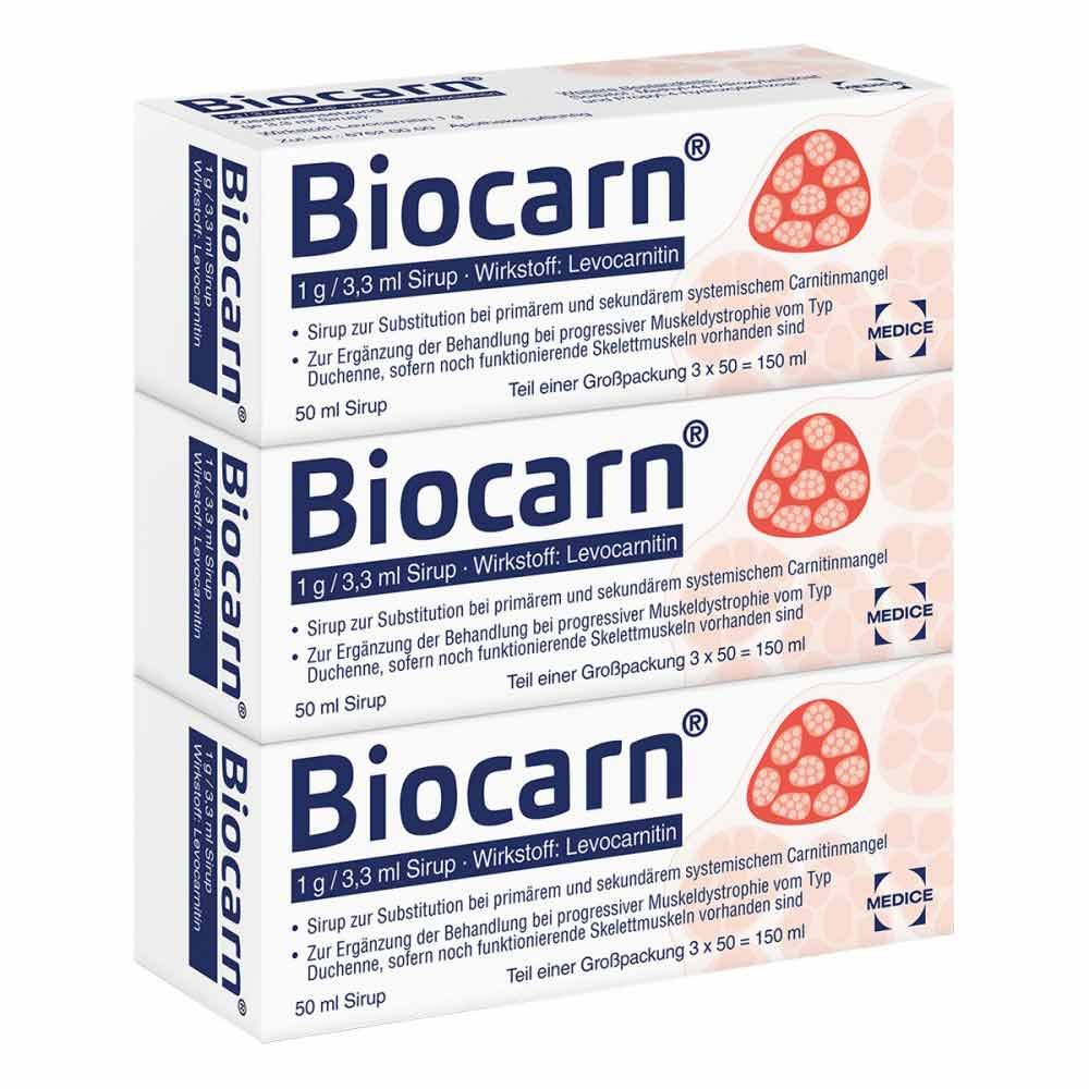 Das Produktfoto zeigt Biocarn Sirup (3X50 ml) PZN 03074826