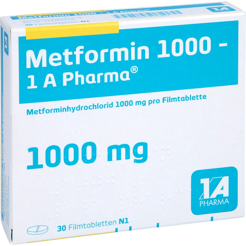 Das Produktfoto zeigt Metformin 1.000-1a Pharma Filmtabletten (30 stk) PZN 03075487