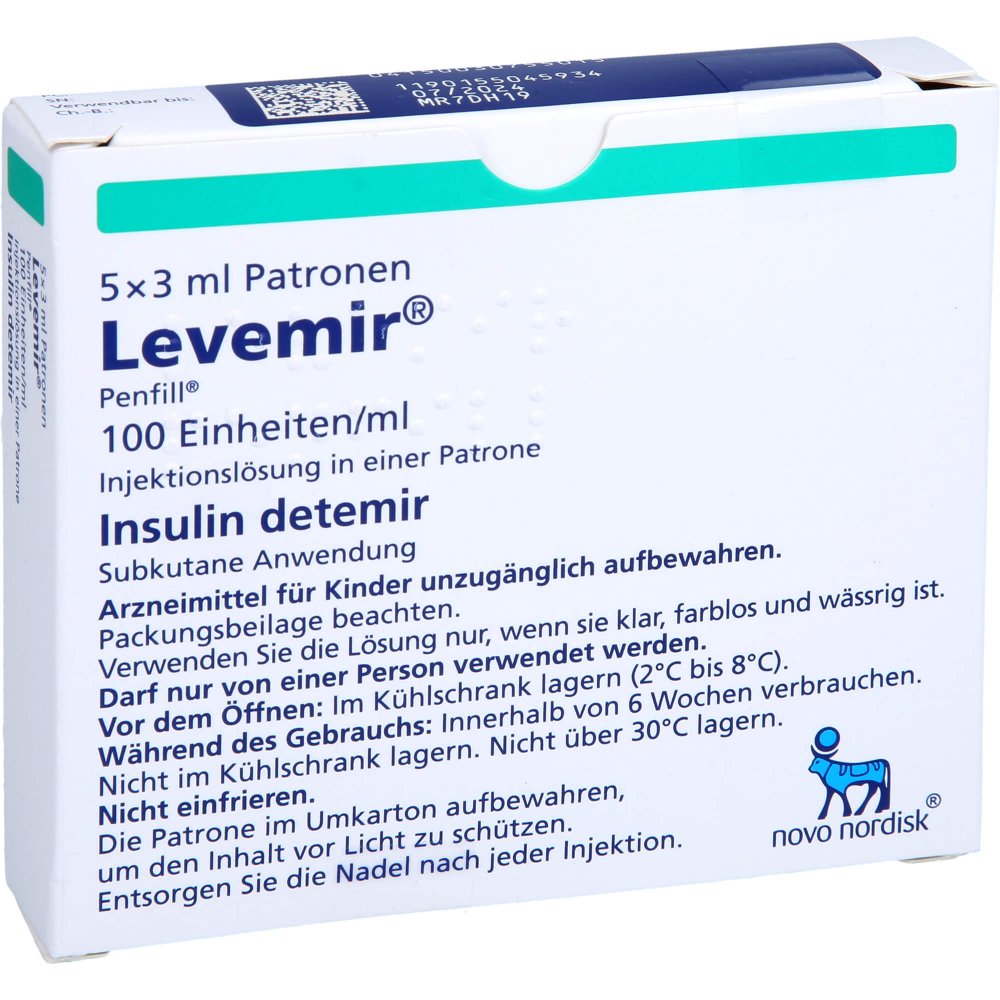 Das Produktfoto zeigt Levemir Penfill 100 Einheiten/Ml Inj.-L.Zyl.-Amp. (5X3 ml) PZN 03075501