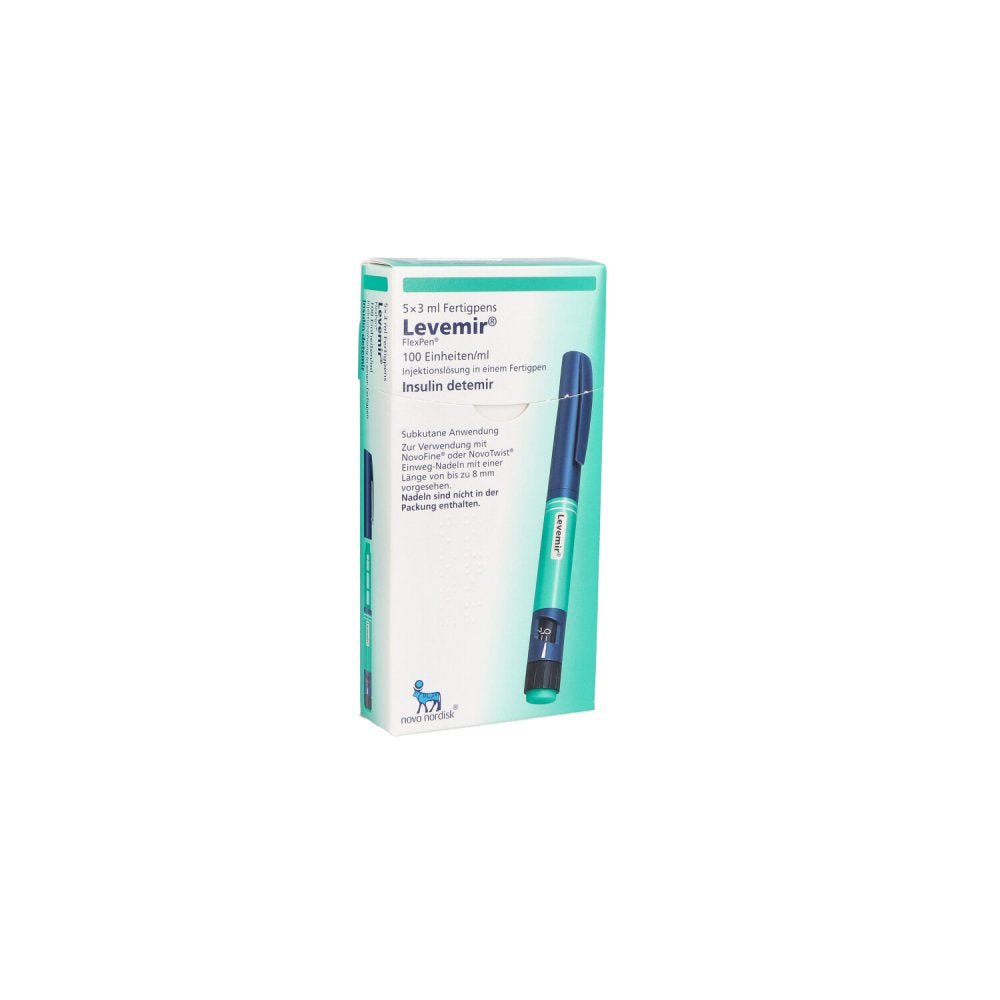 Das Produktfoto zeigt Levemir Flexpen 100 Einheiten/Ml Inj.-L.Fertigpen (5X3 ml) PZN 03075530