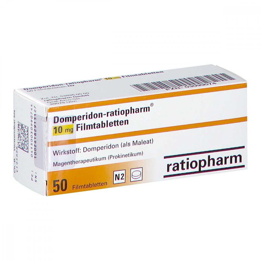 Das Produktfoto zeigt Domperidon-Ratiopharm 10 Mg Filmtabletten (50 stk) PZN 03099074
