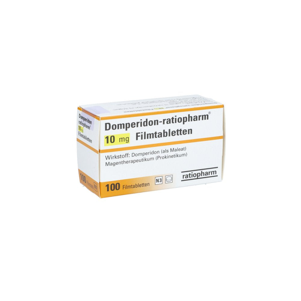 Das Produktfoto zeigt Domperidon-Ratiopharm 10 Mg Filmtabletten (100 stk) PZN 03099080