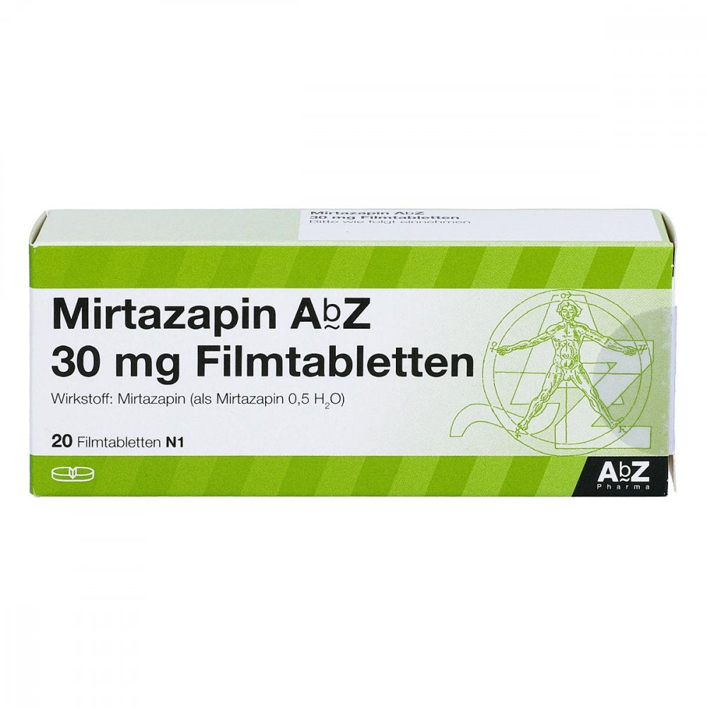 Das Produktfoto zeigt Mirtazapin Abz 30 Mg Filmtabletten (20 stk) PZN 03123097