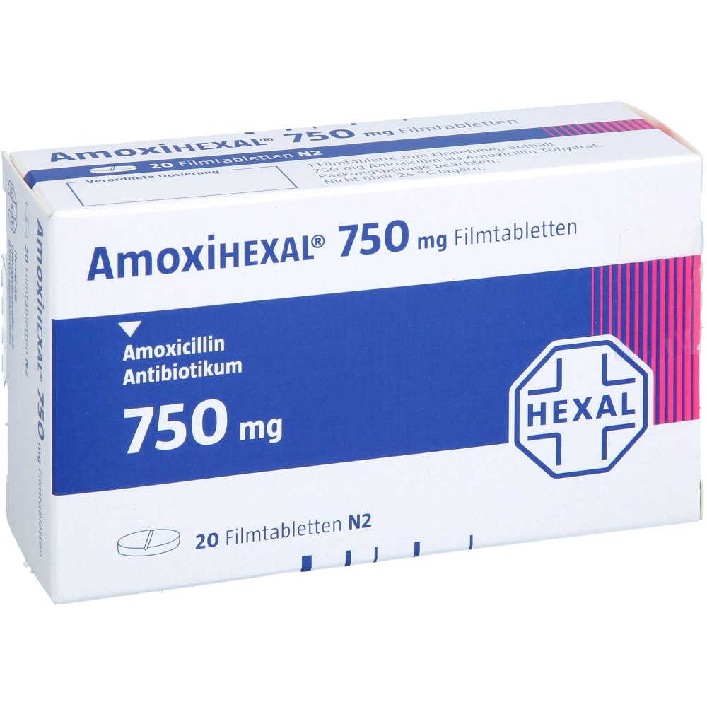 Das Produktfoto zeigt Amoxihexal 750 Mg Filmtabletten (20 stk) PZN 03126552