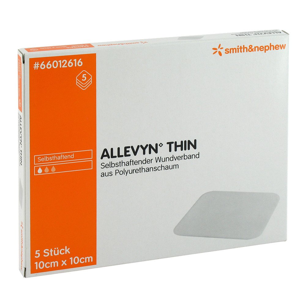 Das Produktfoto zeigt Allevyn Thin 10x10 Cm Dünne Wundauflage (5 stk) PZN 03126919