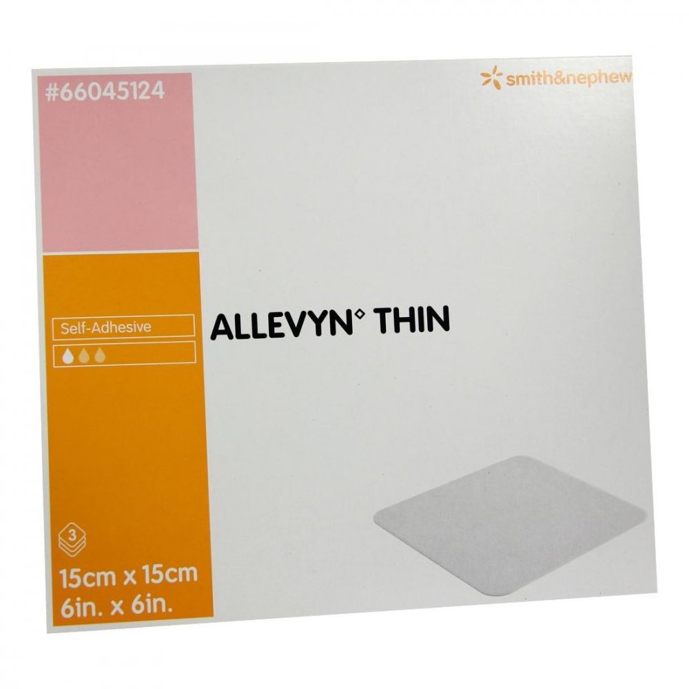 Das Produktfoto zeigt Allevyn Thin 15x15 Cm Dünne Wundauflage (3 stk) PZN 03126931