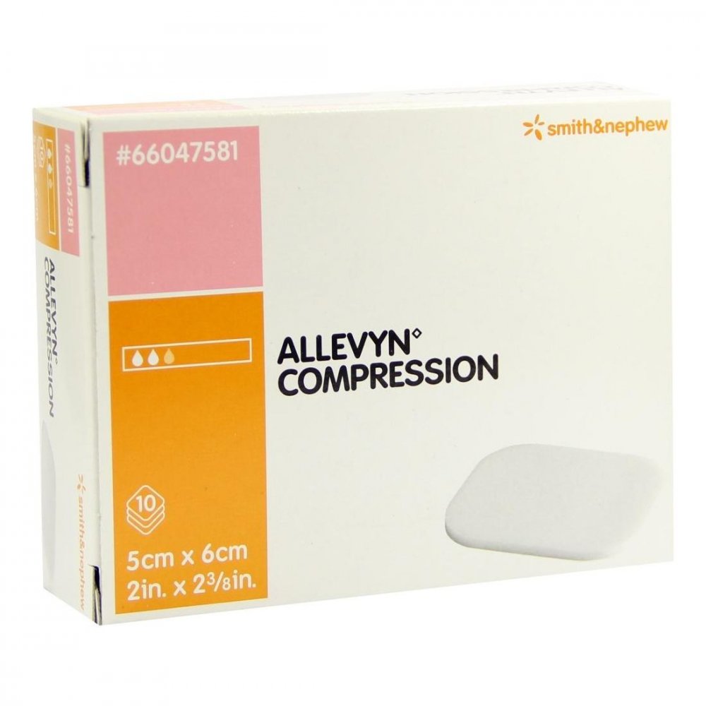 Das Produktfoto zeigt Allevyn Compression 5x6 Cm Hydrosel.Wundauflage (10 stk) PZN 03126948
