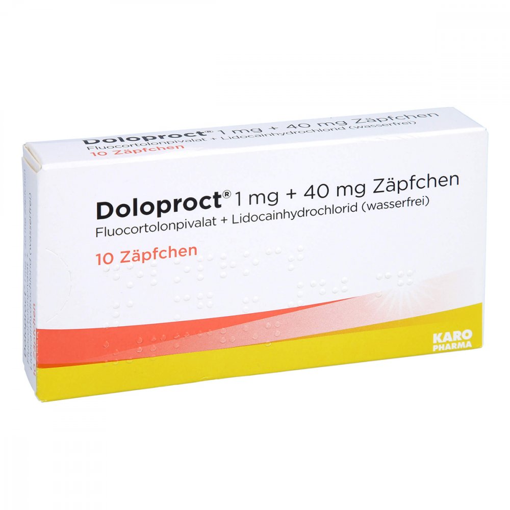 Das Produktfoto zeigt Doloproct 1 Mg + 40 Mg Zäpfchen (10 stk) PZN 03130536