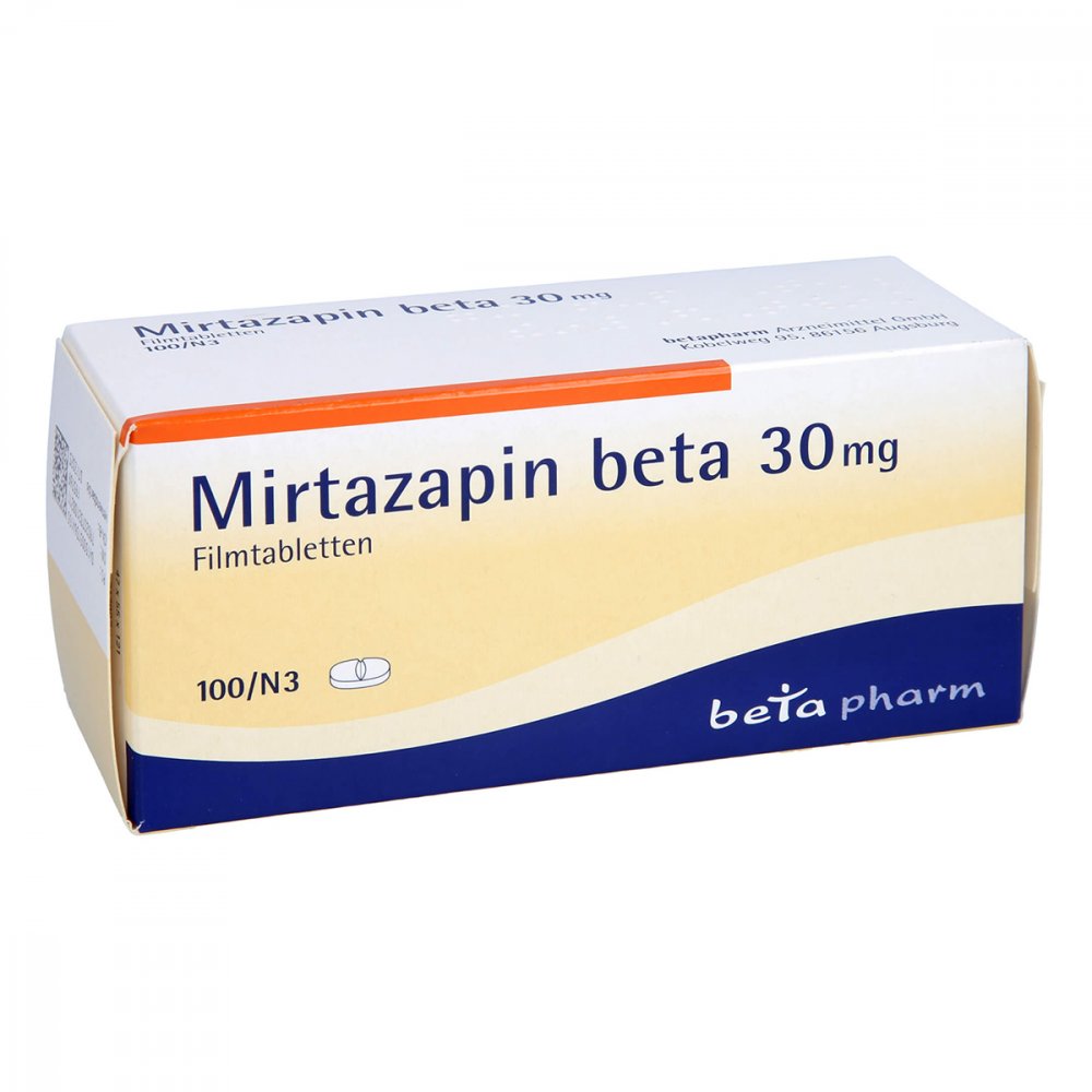 Das Produktfoto zeigt Mirtazapin Beta 30 Mg Filmtabletten (100 stk) PZN 03136415