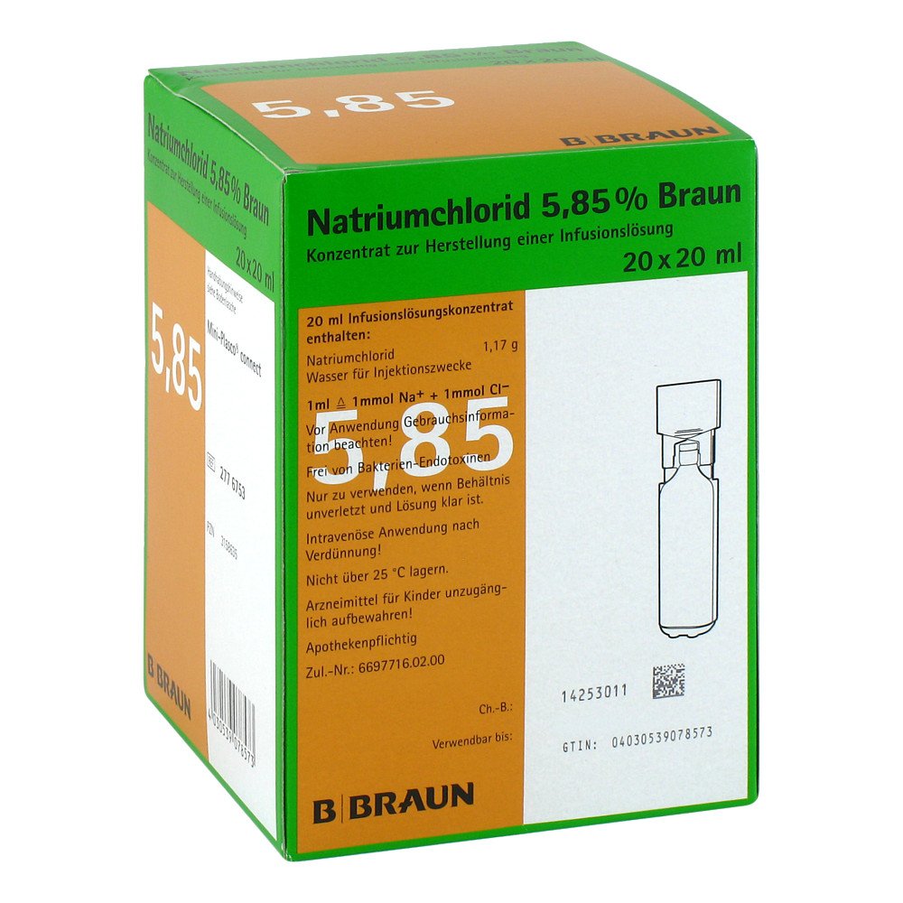 Das Produktfoto zeigt Natriumchlorid 5,85% Braun Mpc Infusionslsg.-Konz. (20X20 ml) PZN 03158635