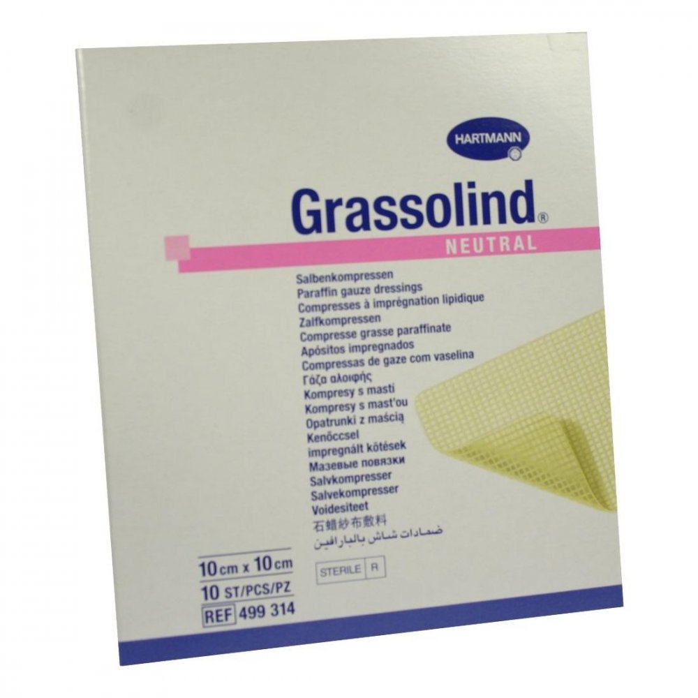 Das Produktfoto zeigt Grassolind Salbenkompressen 10x10 Cm Steril (10 stk) PZN 03245630
