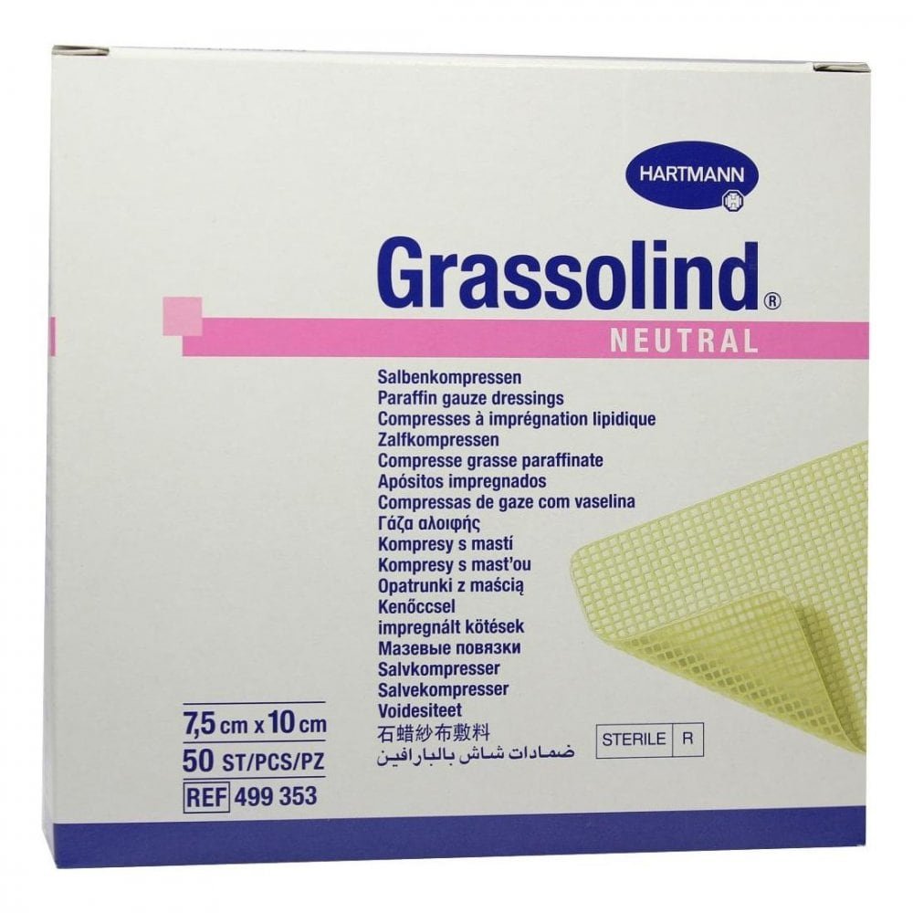 Das Produktfoto zeigt Grassolind Salbenkompressen 7,5x10 Cm Steril (50 stk) PZN 03245653