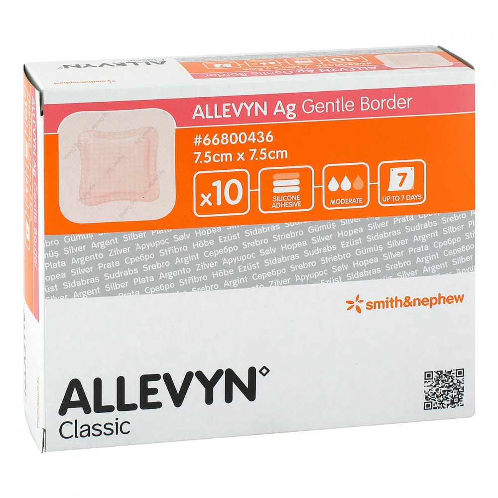 Das Produktfoto zeigt Allevyn Ag Gentle Border 7,5x7,5 Cm Wundverband (10 stk) PZN 03296142