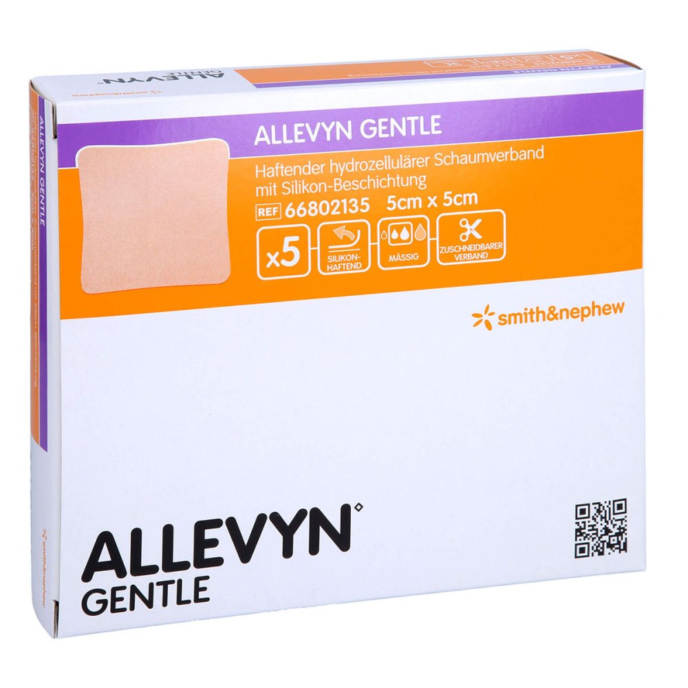 Das Produktfoto zeigt Allevyn Gentle 5x5 Cm Schaumverband (5 stk) PZN 03302339