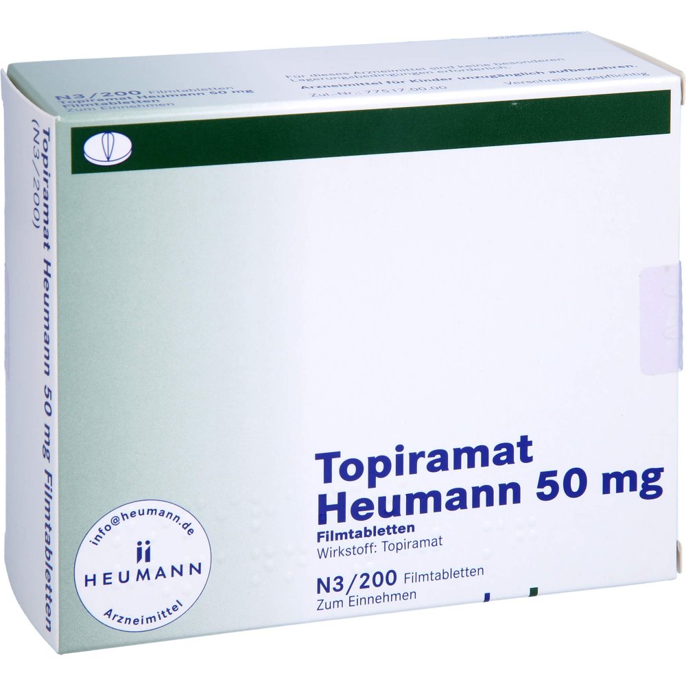 Das Produktfoto zeigt Topiramat Heumann 50 Mg Filmtabletten (200 stk) PZN 03327776