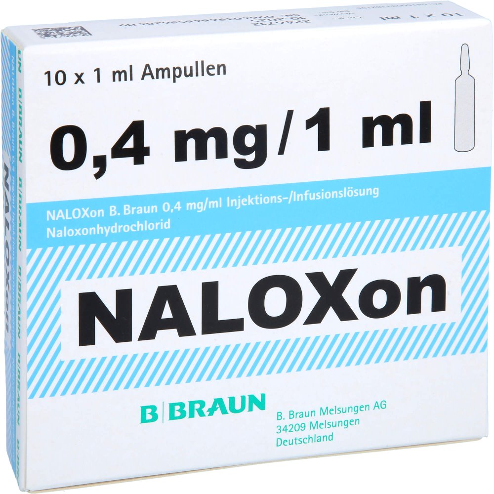 Das Produktfoto zeigt Naloxon B.Braun 0,4 Mg/Ml Injekt.-/Infus.-Lsg. (10X1 ml) PZN 03338219