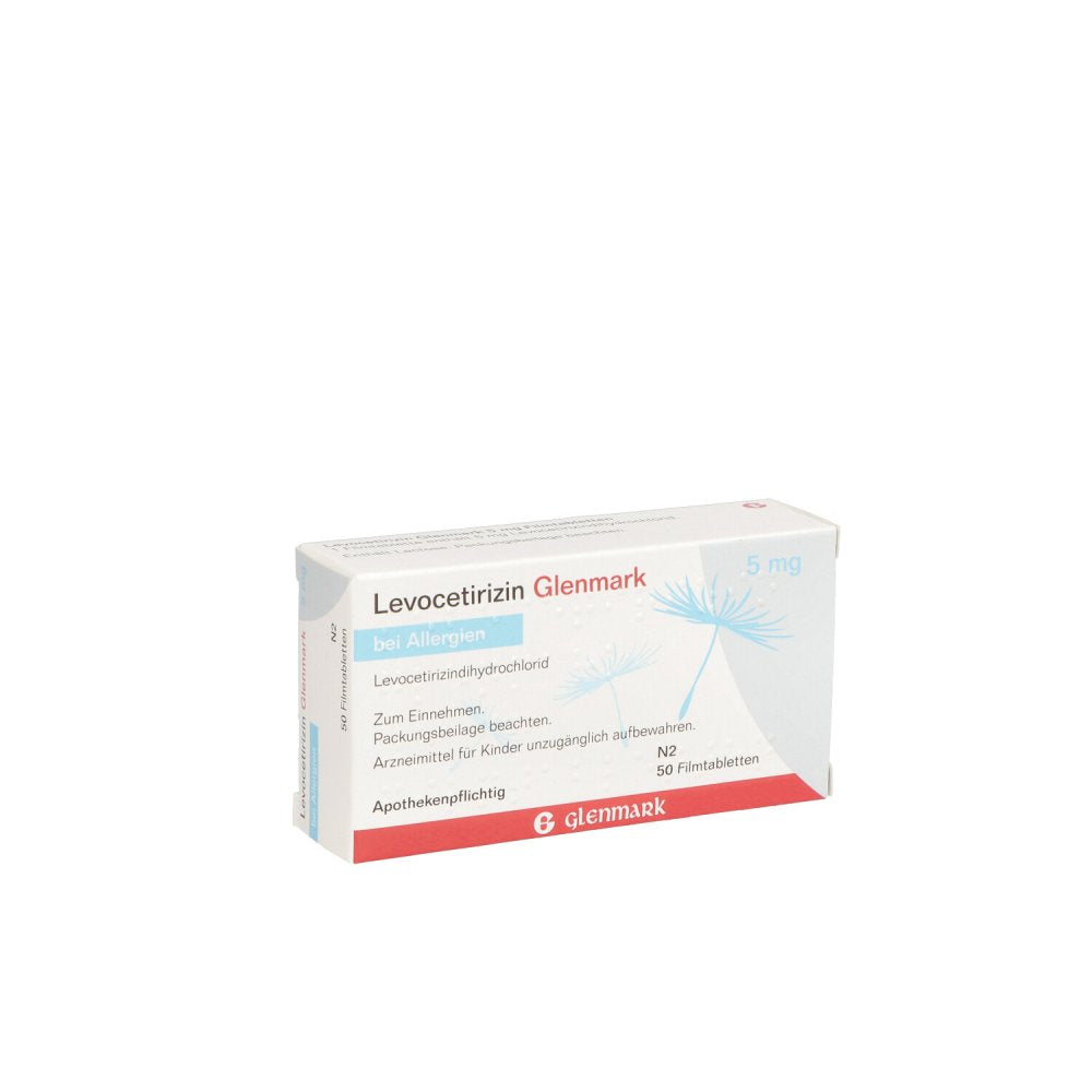 Das Produktfoto zeigt Levocetirizin Glenmark 5 Mg Filmtabletten (50 stk) PZN 03343054