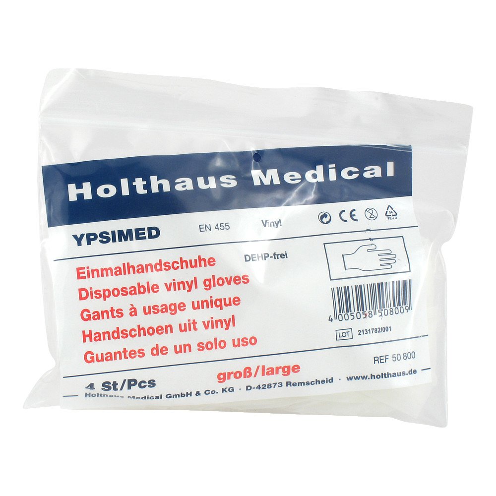 Das Produktfoto zeigt Handschuhe Einmal Ypsimed Vinyl Groß (4 stk) PZN 03369964