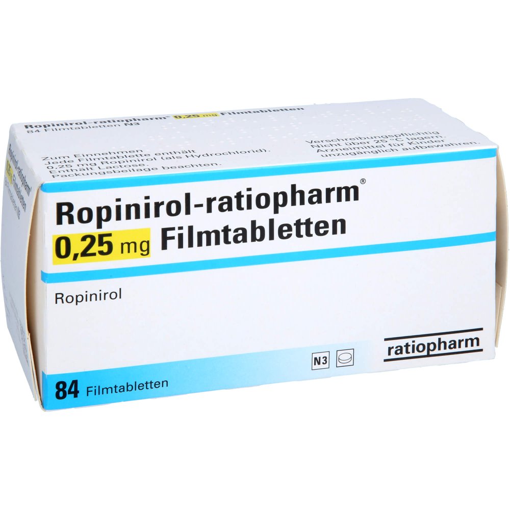 Das Produktfoto zeigt Ropinirol-Ratiopharm 0,25 Mg Filmtabletten (84 stk) PZN 03391679