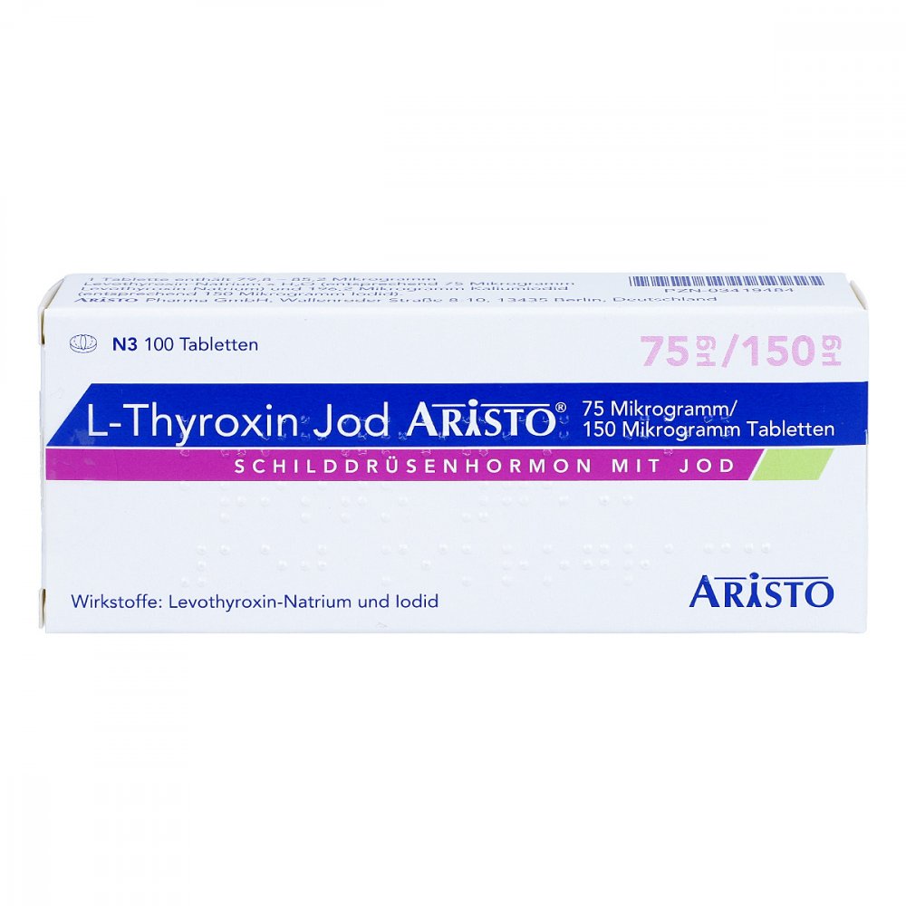 Das Produktfoto zeigt L-Thyroxin Jod Aristo 75 Μg/150 Μg Tabletten (100 stk) PZN 03419484