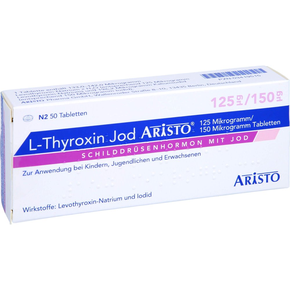 Das Produktfoto zeigt L-Thyroxin Jod Aristo 125 Μg/150 Μg Tabletten (50 stk) PZN 03419515