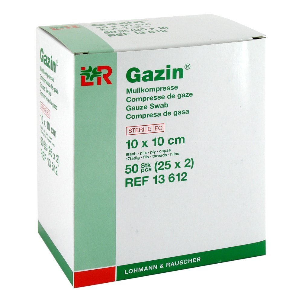 Das Produktfoto zeigt Gazin Mullkomp.10x10 Cm Steril 8fach (25X2 stk) PZN 03449025