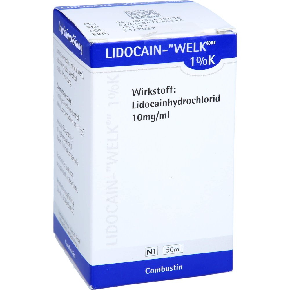 Das Produktfoto zeigt Lidocain Welk 1% K Injektionslösung Dsfl. (1X50 ml) PZN 03463048