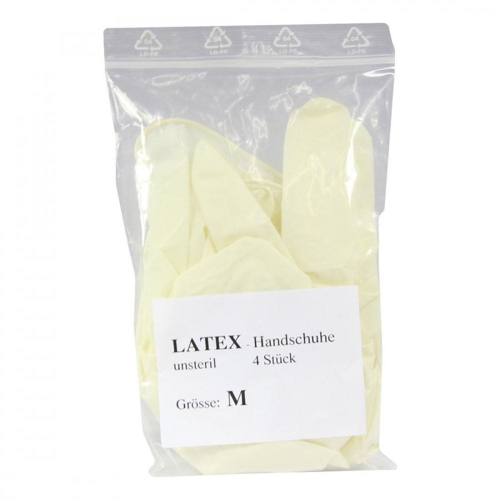 Das Produktfoto zeigt Handschuhe Einmal Latex Unsteril Mittel (4 stk) PZN 03465142