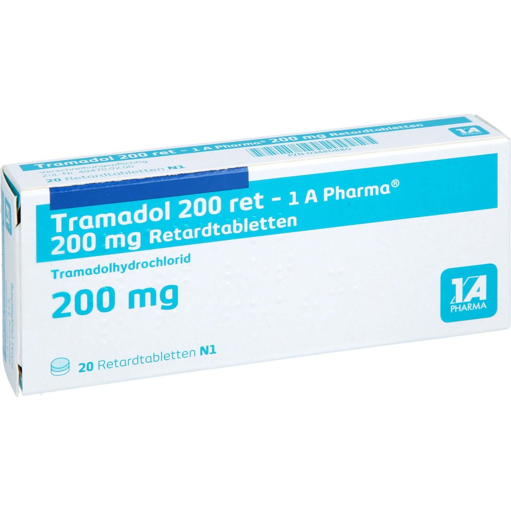 Das Produktfoto zeigt Tramadol 200 Ret-1a Pharma Retardtabletten (20 stk) PZN 03480880