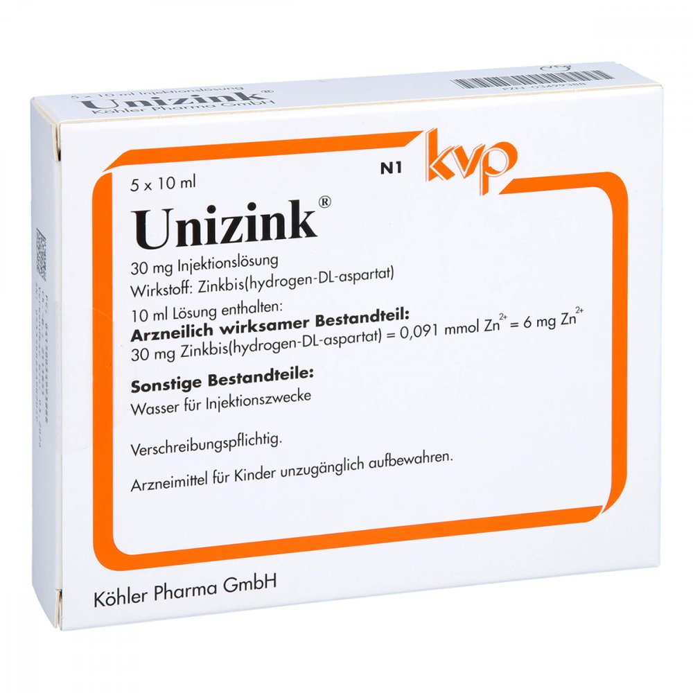 Das Produktfoto zeigt Unizink Injektionslösung In Ampullen (5X10 ml) PZN 03499388