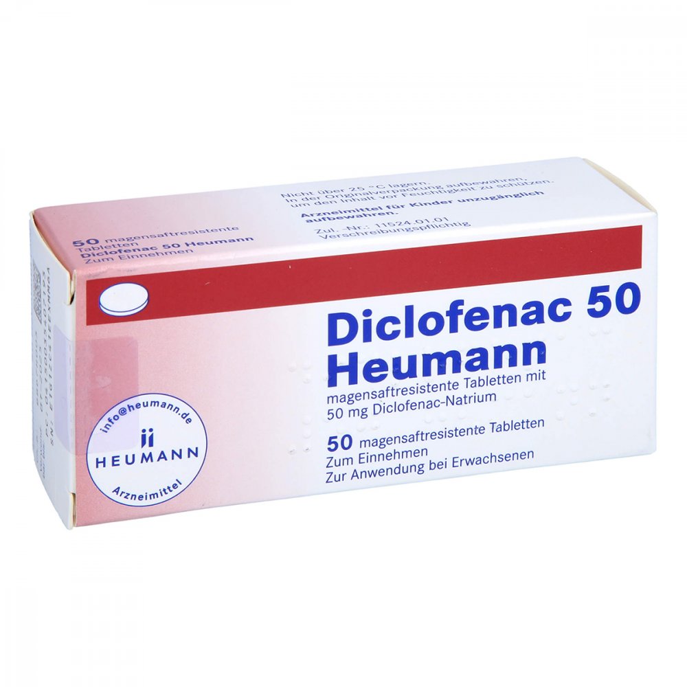 Das Produktfoto zeigt Diclofenac 50 Heumann Magensaftres.Tabletten (50 stk) PZN 03540719
