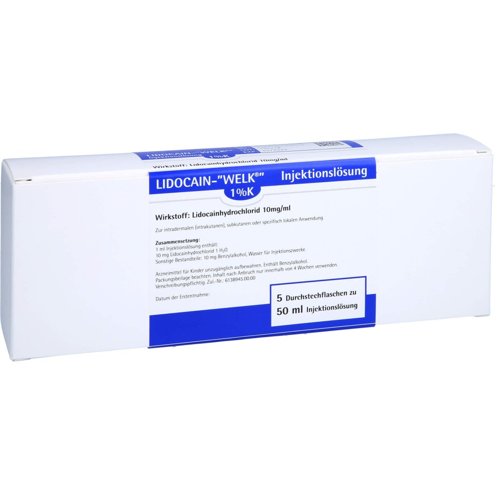 Das Produktfoto zeigt Lidocain Welk 1% K Injektionslösung Dsfl. (5X50 ml) PZN 03563206