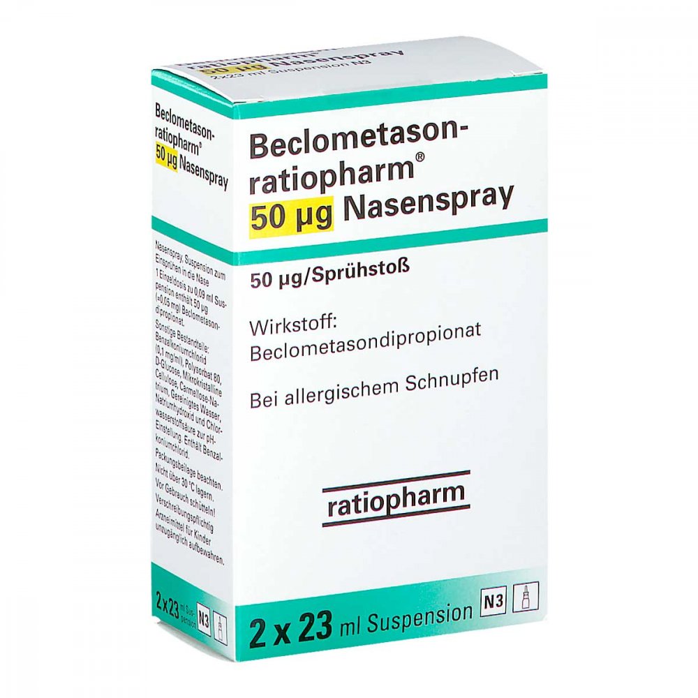 Das Produktfoto zeigt Beclometason-Ratiopharm 50 Μg Nasenspray 2x200 Hub (2 stk) PZN 03627840