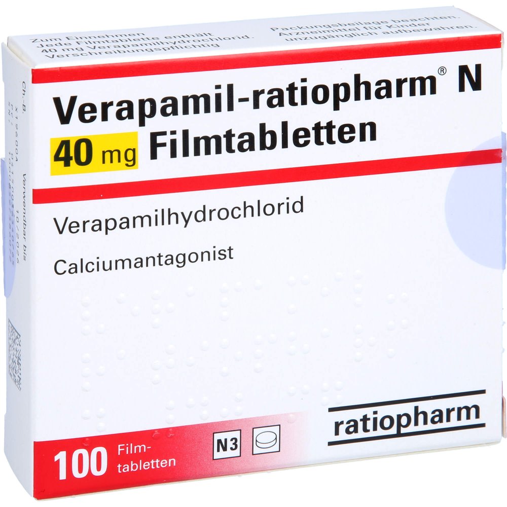 Das Produktfoto zeigt Verapamil-Ratiopharm N 40 Mg Filmtabletten (100 stk) PZN 03634076