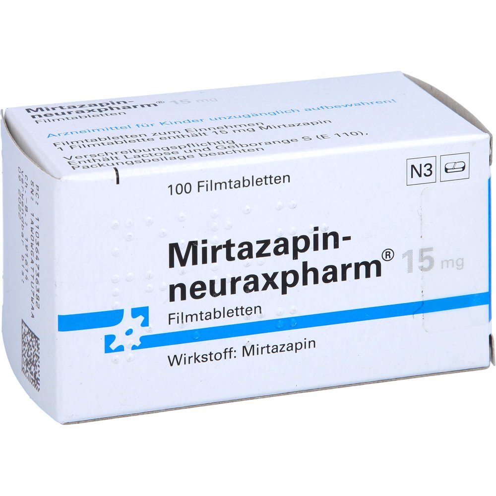Das Produktfoto zeigt Mirtazapin-Neuraxpharm 15 Mg Filmtabletten (100 stk) PZN 03647363