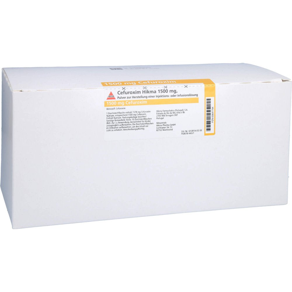 Das Produktfoto zeigt Cefuroxim Hikma 1500 Mg Infus.P.Z.H.Inj.-/Inf.-L. (10 stk) PZN 03647794