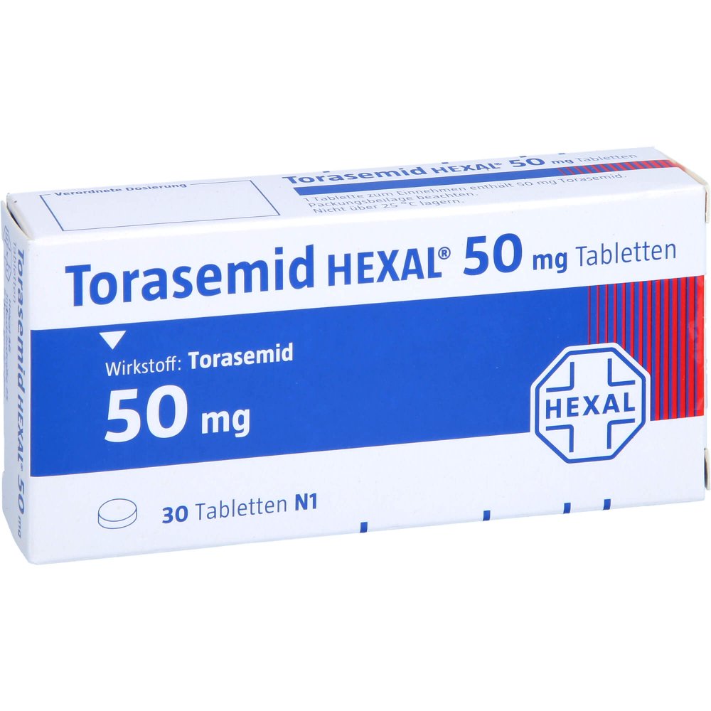 Das Produktfoto zeigt Torasemid Hexal 50 Mg Tabletten (30 stk) PZN 03650307