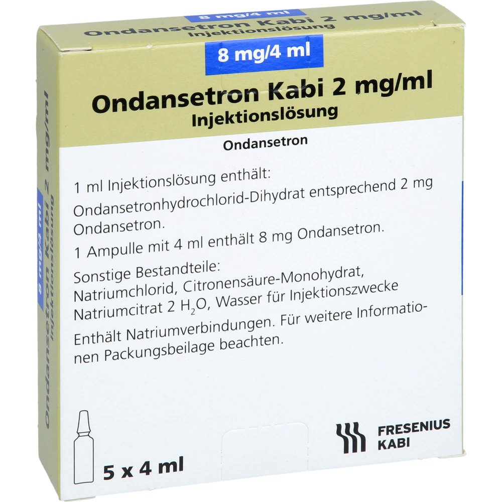 Das Produktfoto zeigt Ondansetron Kabi 2 Mg/Ml 8 Mg Injektionslösung (5X4 ml) PZN 03672421
