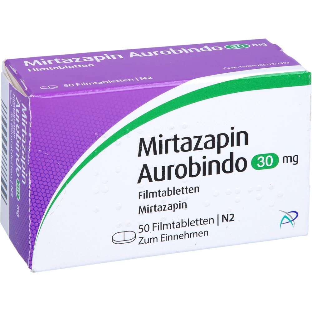 Das Produktfoto zeigt Mirtazapin Aurobindo 30 Mg Filmtabletten (50 stk) PZN 03674963