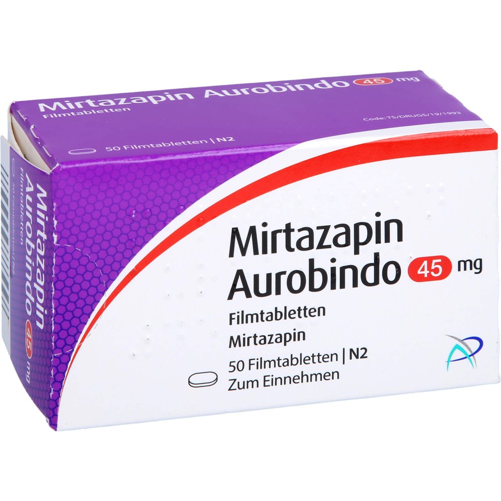 Das Produktfoto zeigt Mirtazapin Aurobindo 45 Mg Filmtabletten (50 stk) PZN 03675715