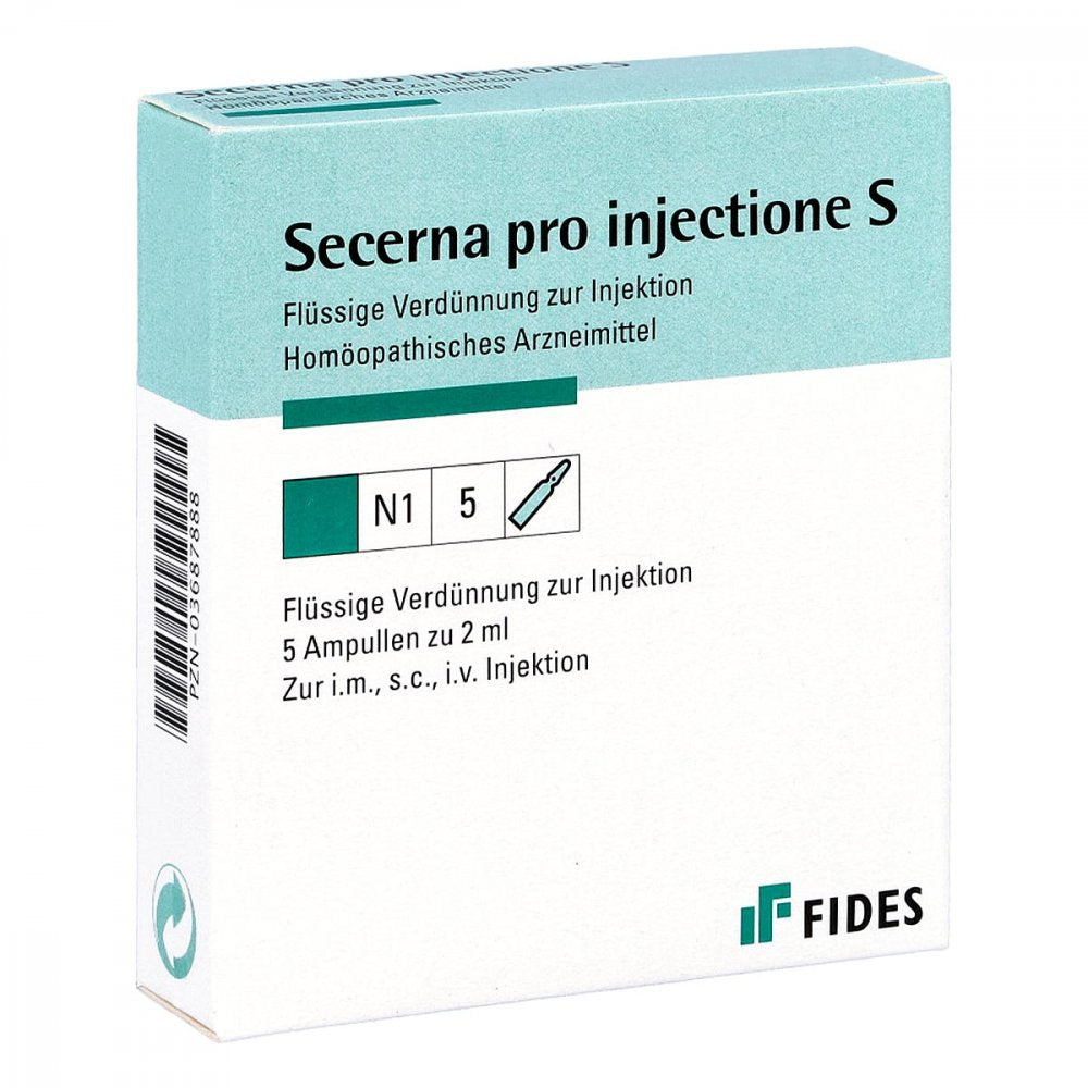 Das Produktfoto zeigt Secerna Pro Injectione S Ampullen (5X2 ml) PZN 03687888