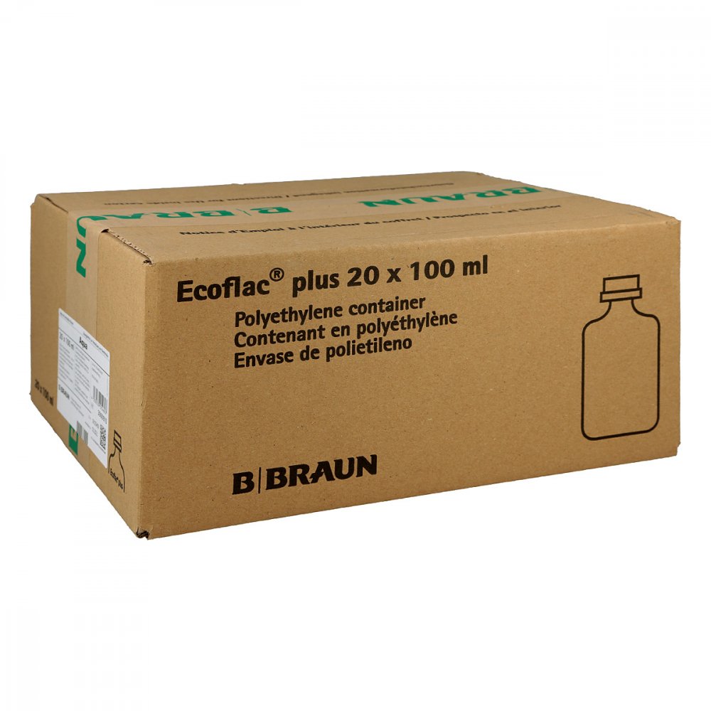 Das Produktfoto zeigt Aqua Ad Injectabilia Ecoflac Plus Injektionslsg. (20X100 ml) PZN 03710653